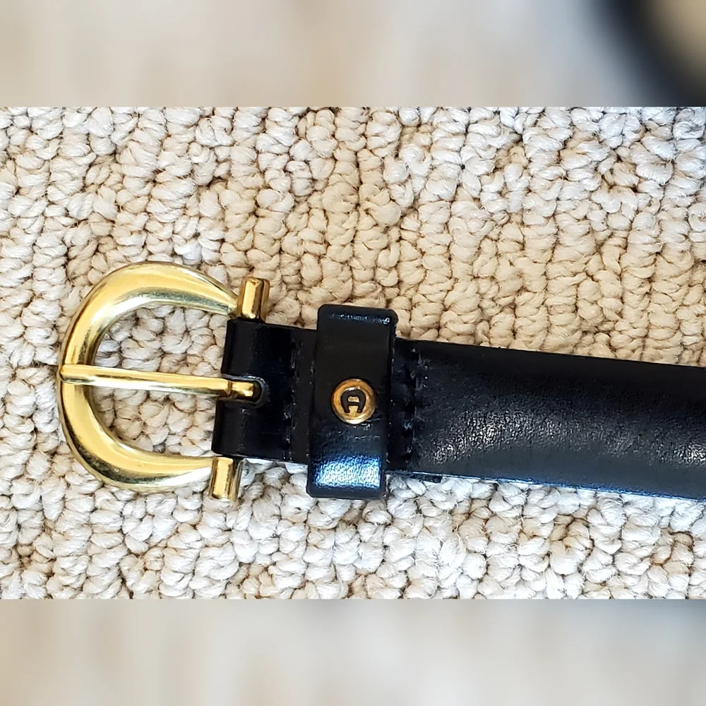 Etienne Aigner Vtg Horse Bit Buckle Black Leather Minimalist Belt, XL, EUC